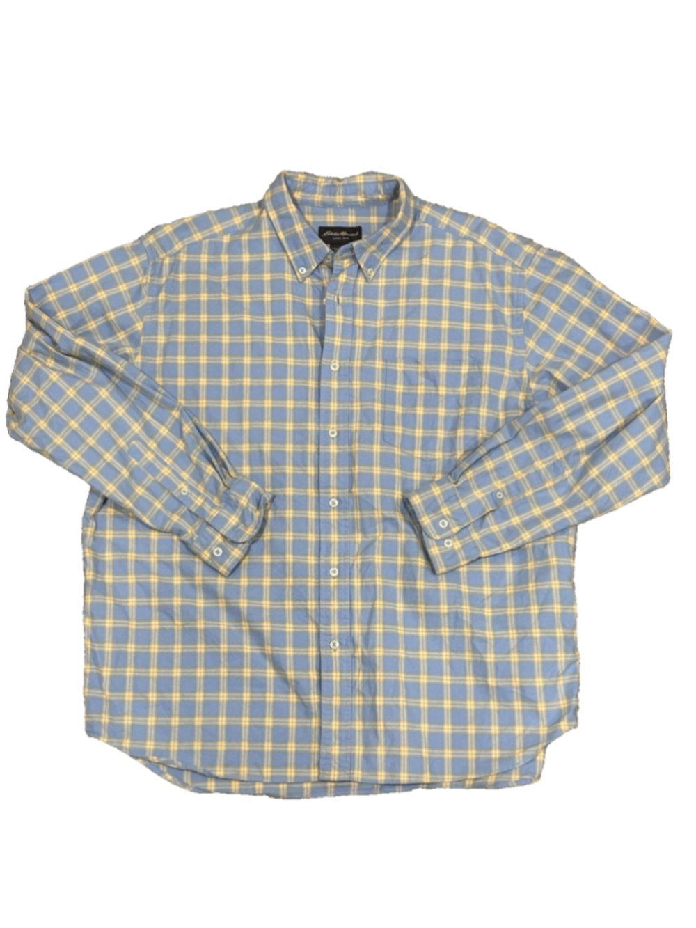 Eddie Bauer Men’s XL Plaid Button Down Shirt Blue Yellow Long Sleeve Casual F1